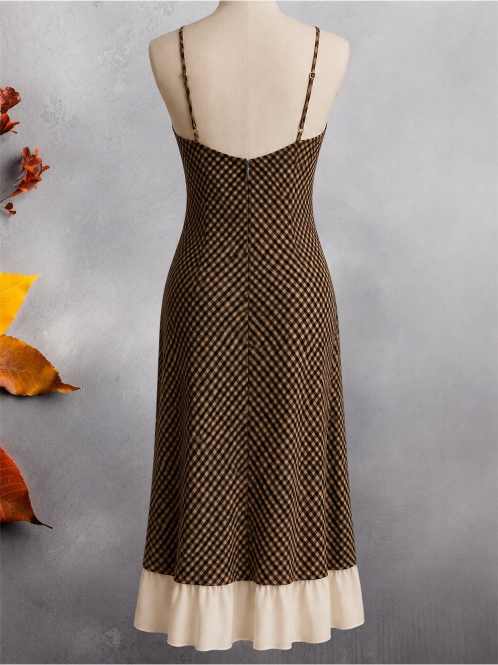 ANTONIO MELANI x Courtney Grow Brown Gingham Midi Dress with Cream Ruffle - Picture 4 of 10